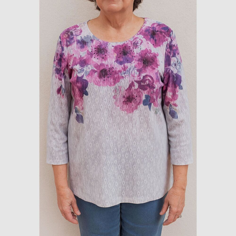 Alfred Dunner Women’s Size L Purple Floral 3/4 Sleeve Embellished Top #V